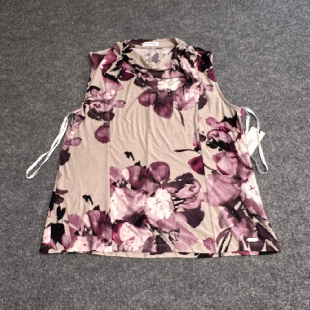 Calvin Klein Top Womens XL Tan Purple Floral Cowl Neck Stretch Sleeveless